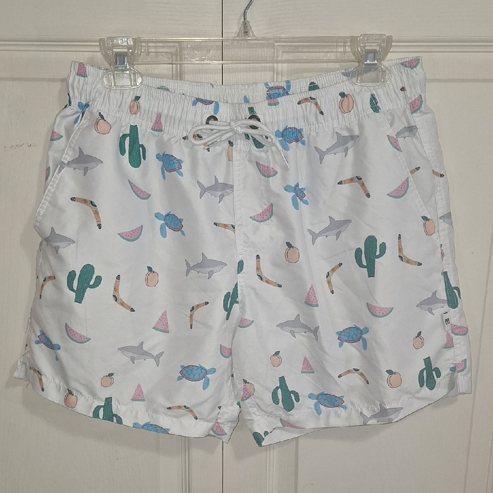 Bondi Beamers Mesh Lined Drawstring Swim Trunks-White-Tropical Australian Print